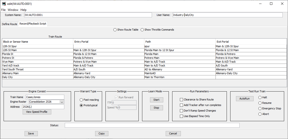 Create Warrant pane part 2 in in JMRI 4.10