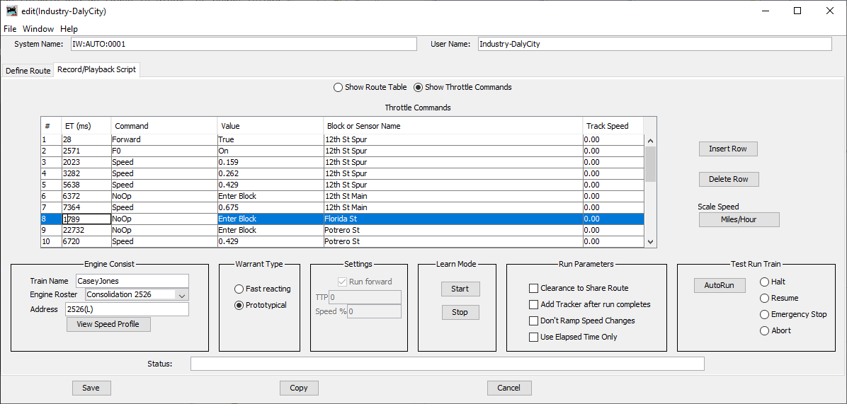 the Throttle Commands Pane