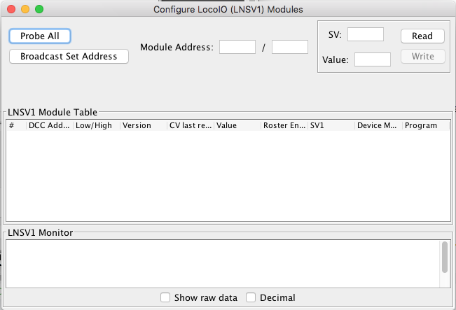 Initial view of LNSV1 Programming Tool pane