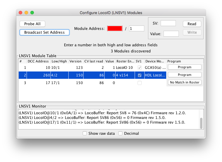 LNSV1 Programming Tool pane with a selected device and address filled in